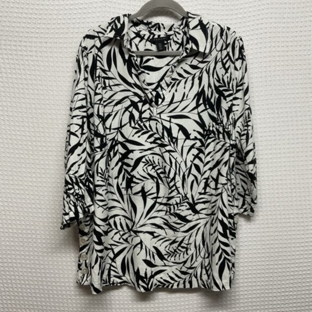 Tahari Black/White Leaf Print 3/4 Sleeve Y-Neck‎ Tunic Top Women 1X India